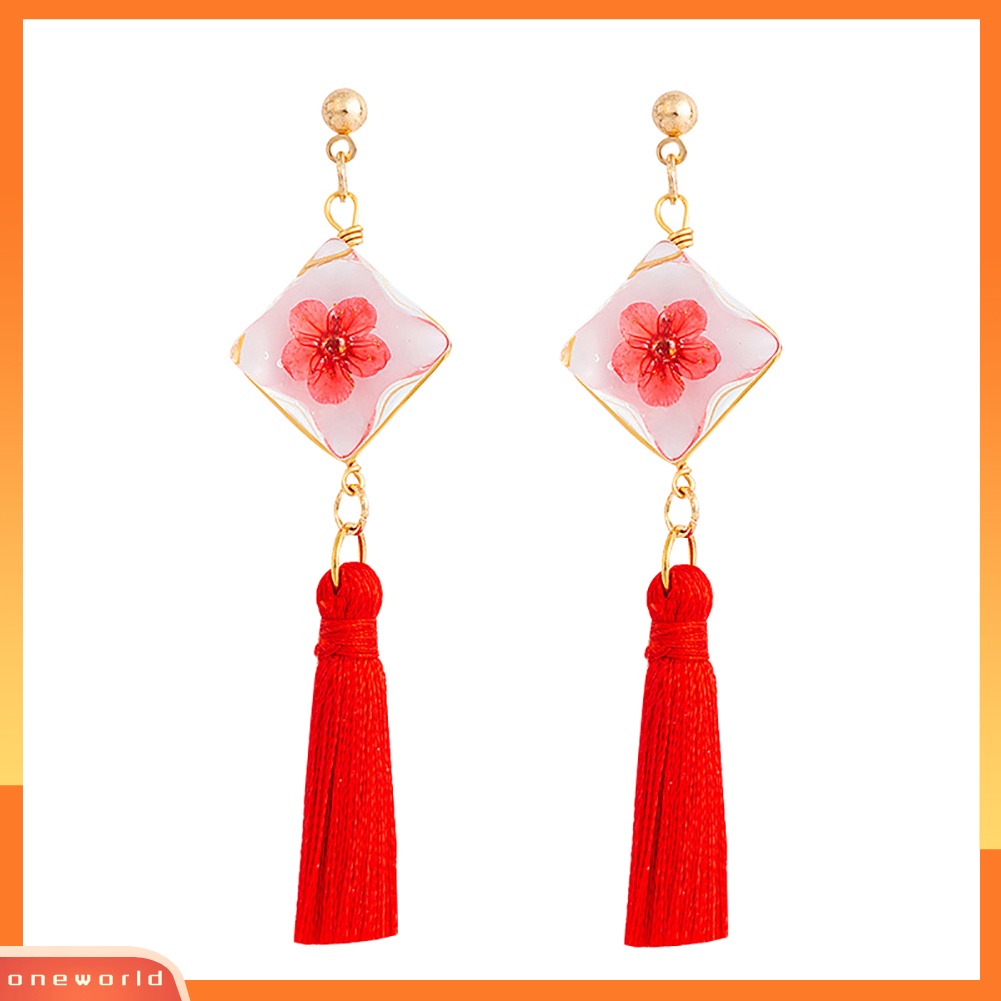 [WONE] Ethnic Square Daffodil Panjang Rumbai Menjuntai Ear Stud Earrings Wanita Perhiasan Hadiah