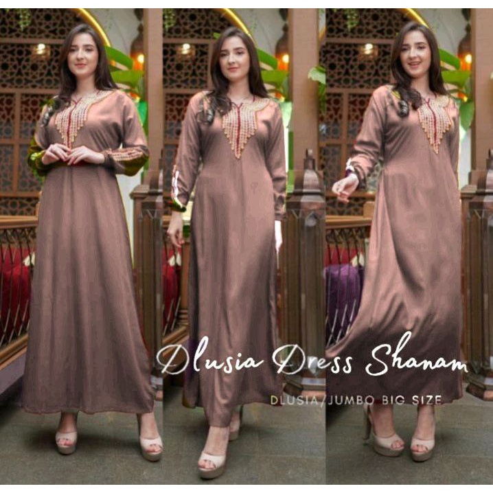 Dlusia Sanam Dress Wanita Renda Arab Rayon Premium Gamis Terbaru Baju Muslim Lace LD 110 cm