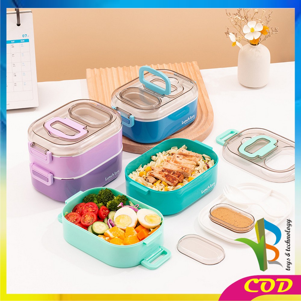 RB-C696 Tempat Makan Set 2 Tingkat Anti Tumpah / Lunch Box Susun Free Sendok Portable / Kotak Bento Tingkat Dengan Pegangan Set BPA FREE  VARIASI