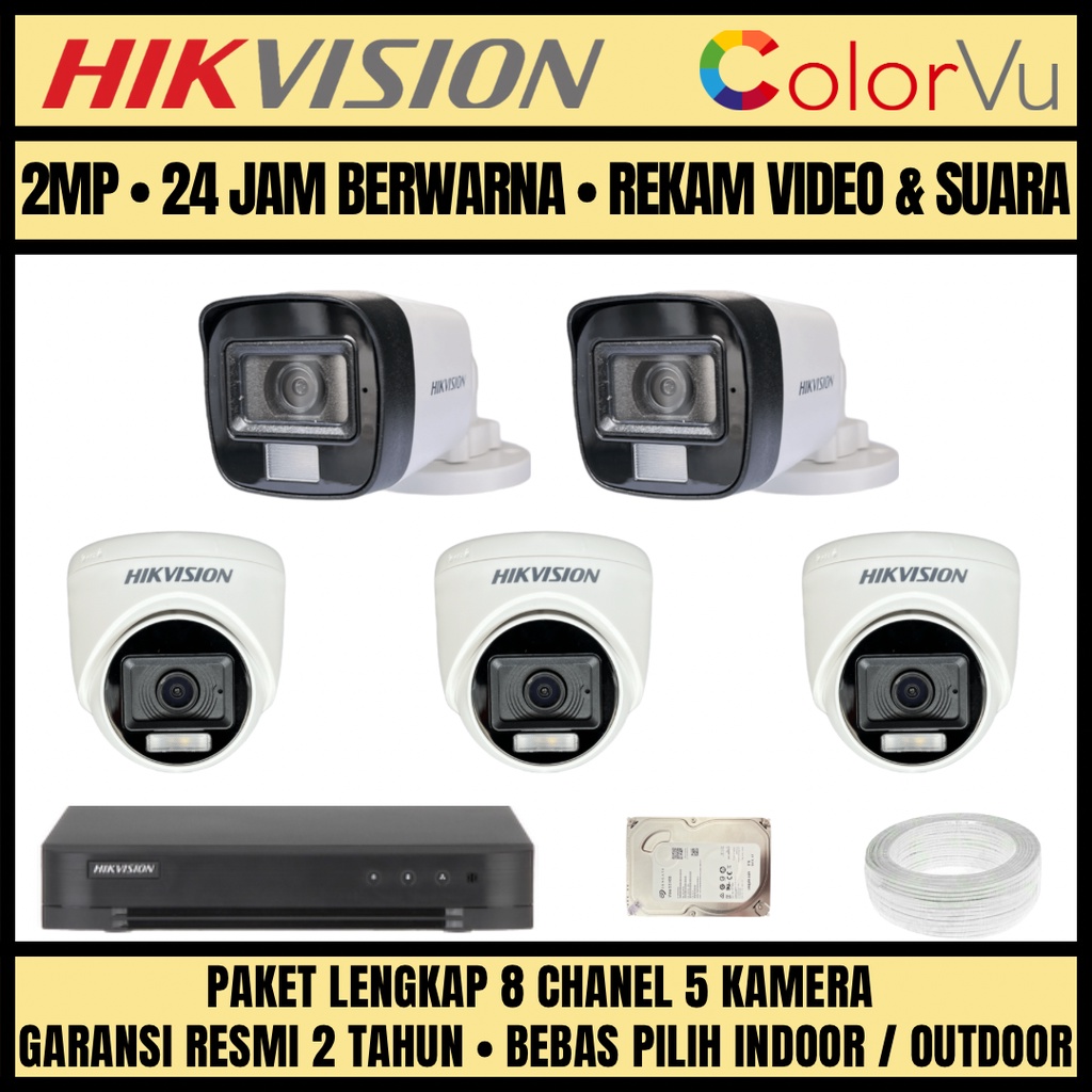 PAKET CCTV HIKVISION COLORVU 2MP 8 CHANNEL 5 CAMERA KAMERA CCTV COLORFUL