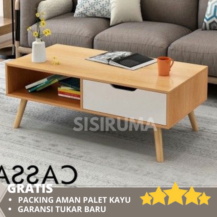 Meja Sofa Ruang Tamu Minimalis Murah Warna Serat Kayu laci Putih Modern