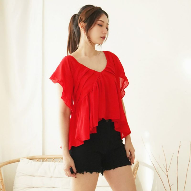 MDLV ~ 5929# Griselda Asymmetric Ruffle Top Blouse Import