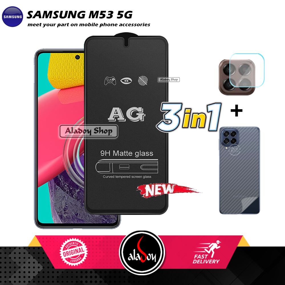 Paket 3IN1 Tempered Glass Layar Matte Anti Glare Samsung M53 5G Free Tempered Glass Camera dan Skin Carbon