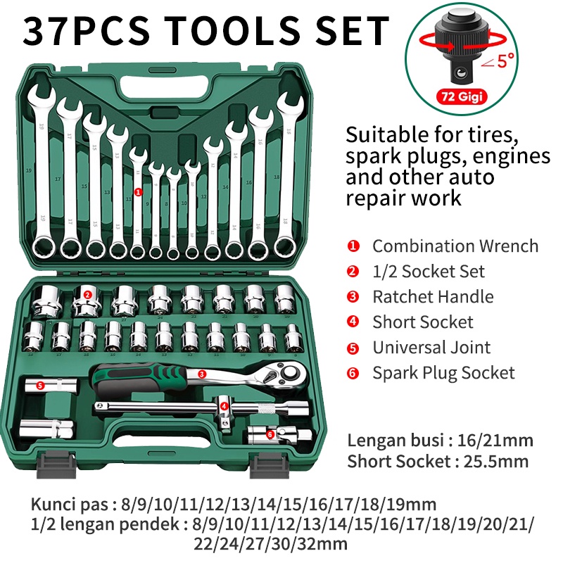 ISKU Kunci Shock Set 37pcs/Full Lengkap Socket Toolkit 37pcs Termasuk Kunci Pas Ring Set 12pcs Dan 21pcs Mata Shock