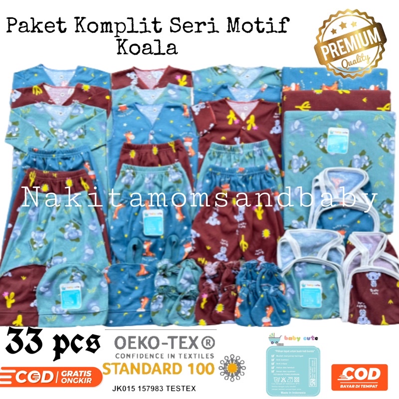 33pcs Paket Lahiran Perlengkapan Baju celana bayi Baru lahir Bedong popok kado bayi Newborn SNI seri motif Koala Promo 9.9