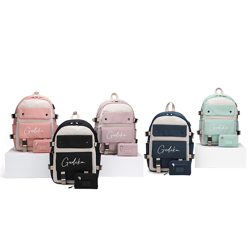 GUDIKA 5222 - Tas Ransel Laptop USB Set Dompet Wanita Pria Kekinian Import Original Terbaru Bahan Nilon Waterproof Anti Air Backpack Premium Korea bisa muat banyak barang banyak - tas wanita - tas cewek - tas kerja - tas punggung - tas gudika