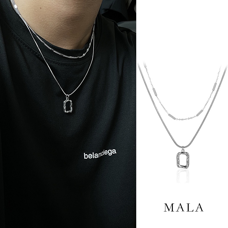 Liontin Persegi Panjang Sederhana Ganda Lapisan Kalung Baja Titanium Unisex