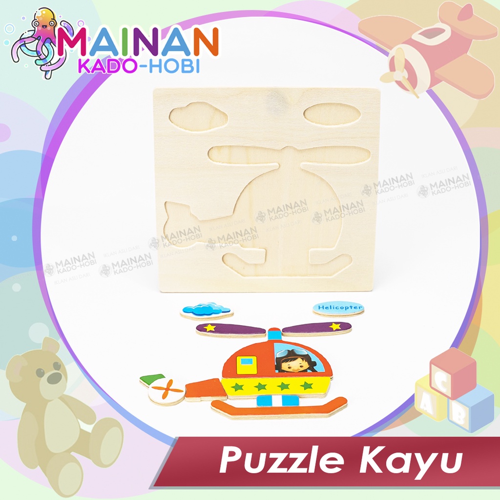 MAINAN EDUKASI ANAK WOODEN PUZZLE TRANSPORTASI KENDARAAN HELICOPTER