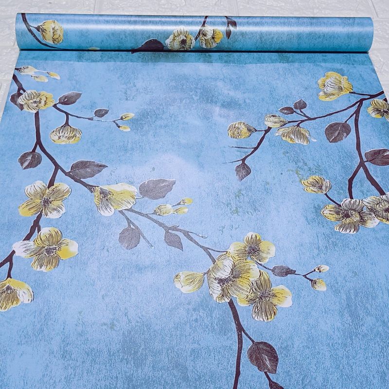Wallpaper Sticker Dinding Motif Bunga Dasar Biru Kamar Tidur Ruang Tamu Aesthetic Dekorasi Dinding