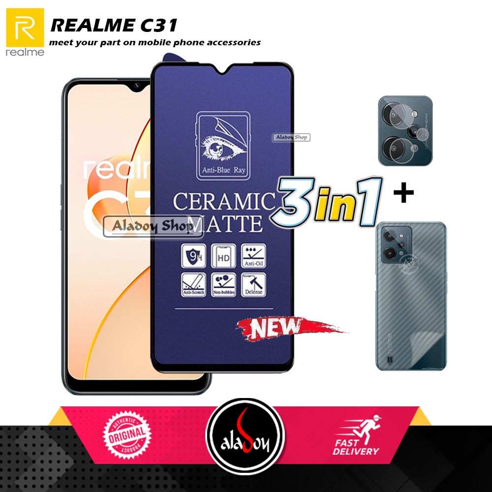 PAKET 3IN1 Anti Gores Blue Matte Anti Glare Realme C31 + Tempered Glass Camera dan Skin Carbon