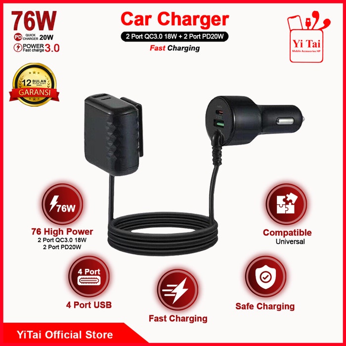 CAR CHARGER YITAI 76W 4 PORT USB 1.8M PD20W QC3.0 -CCG06 - BD