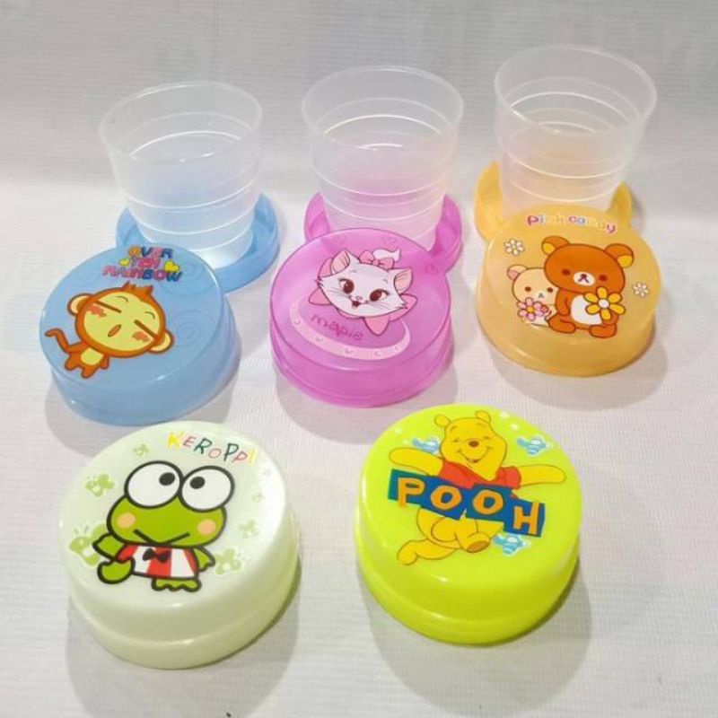 GELAS LIPAT TRAVEL PORTABLE PLASTIK LUCU MOTIF KARAKTER GELAS MINUM LIPAT TRAVEL TEMPAT MINUM LIPAT