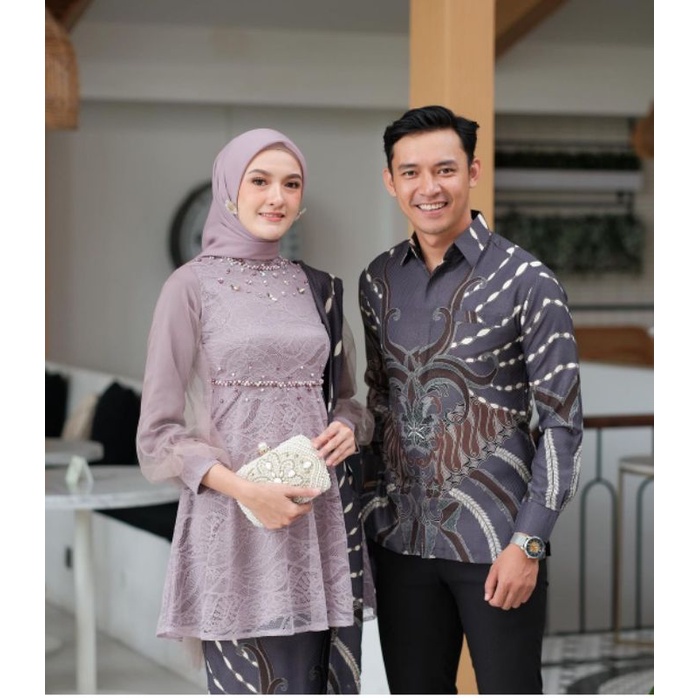 BATIK EXPRESS- Batik Couple Juwita Kebaya Modern Baju Couple Pasangan Kebaya Kondangan Wisuda - Couple Batik Brukat Tulle Mutiara - Outfit Kondangan Kekinian Madina Couple