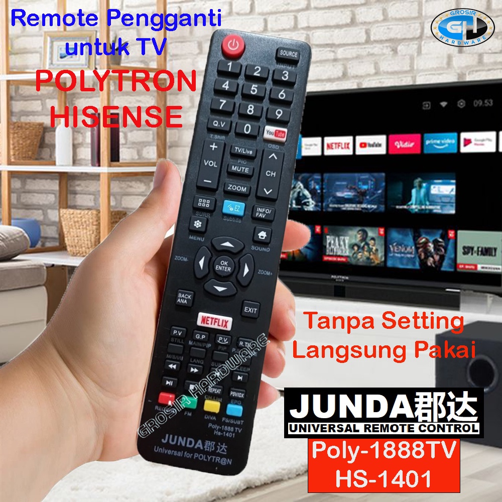 REMOT PENGGANTI TV REMOTE POLYTRON HISENSE LCD LED SMART ANDROID JUNDA POLY-1888 HS-1401 LANGSUNG PA