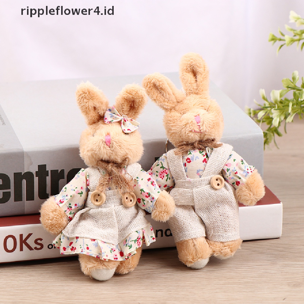 {rippleflower4.id} Gadis Lucu Gaya Negara Linen Teddy Bear Gantungan Kunci Wanita Pasangan Kelinci Keying Bag Car Trinket Mainan Mewah Liontin Mainan Hadiah~