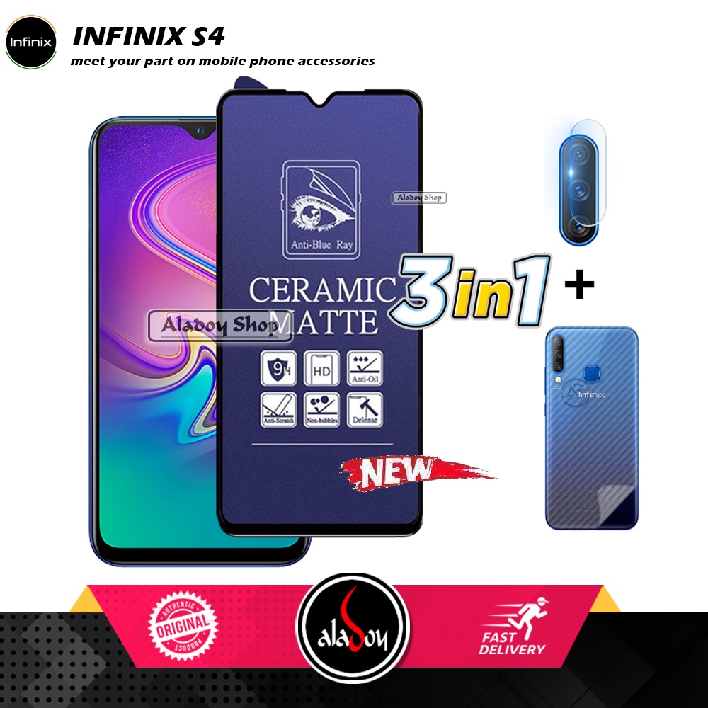 PAKET 3IN1 Anti Gores Blue Matte Anti Glare Infinix S4 + Tempered Glass Camera dan Skin Carbon