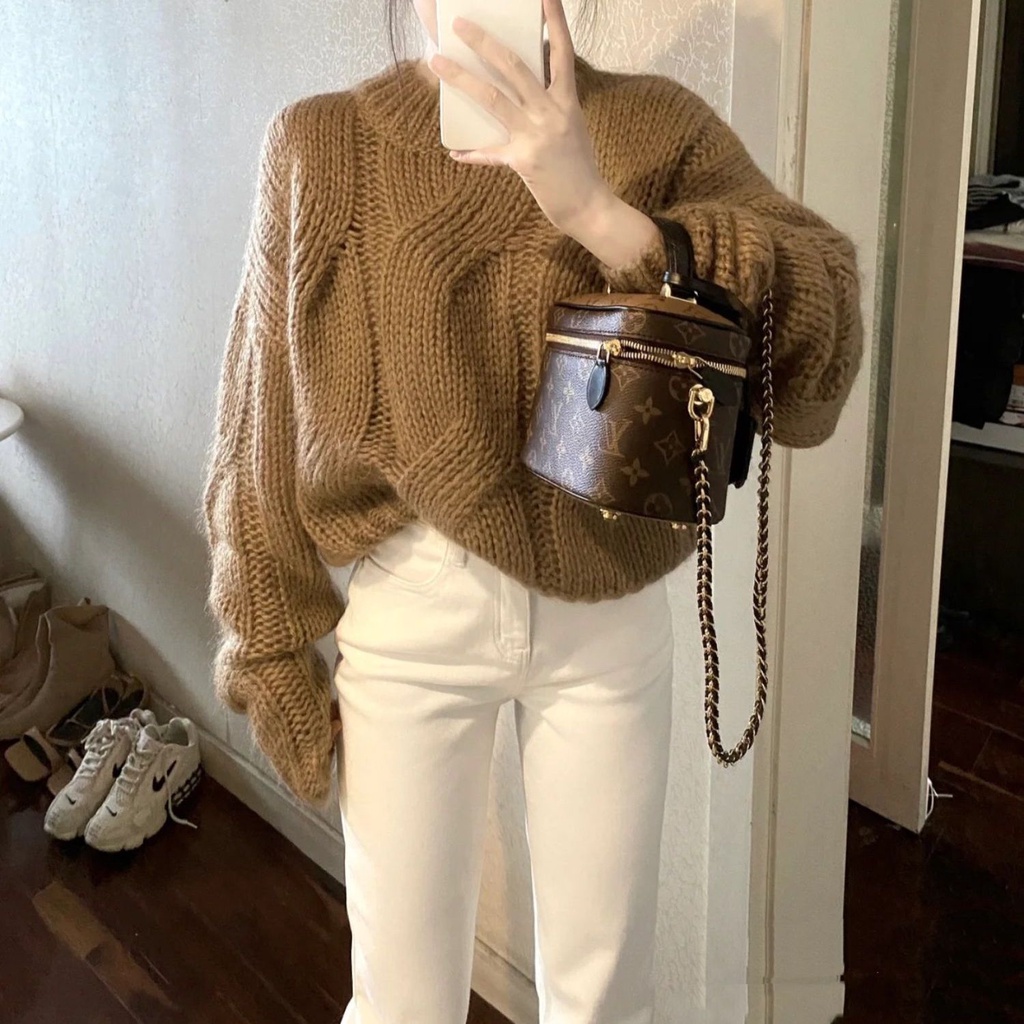 Suhao Khaki Sweater Jeans Two-Piece Set Musim Gugur dan Musim Dingin Kecil Wangi Gaya Temperamen Wanita Rasa Tinggi Gaun Kecil one-Piece Set