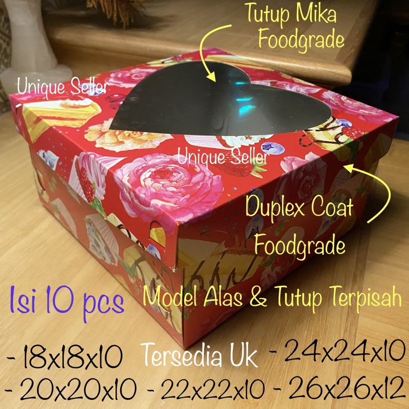 [10 pcs] Dus Kue Tart TUTUP HATI 18x18x10 20x20x10 22x22x10 24x24x10 26x26x12 isi 10 pcs / Dus Box Kotak Lamaran Tutup Hati Uk 18 20 22 24 26 cm / Dus Box Kotak Hampers 18x18 20x20 22x22 24x24 26x26 x 12 cm / Dus Box Merah Tutup Hati Uk 18 20 22 24 26