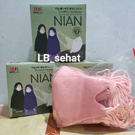 Masker Duckbill Dewasa Hijab Nian Warna Peach Isi 50 Pcs Medis 3 Ply/Masker Dewasa Headloop