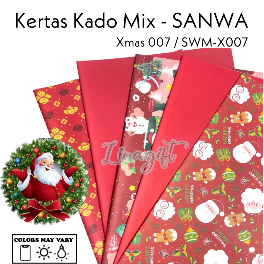 ( 5 Lembar 5 Motif ) XMAS MIX SANWA - KERTAS KADO NATAL - GIFT WRAP PAPER SANSAN WAWA CHRISTMAS SANTA / SNOWMAN / POHON NATAL / RED / GREEN / GOLD