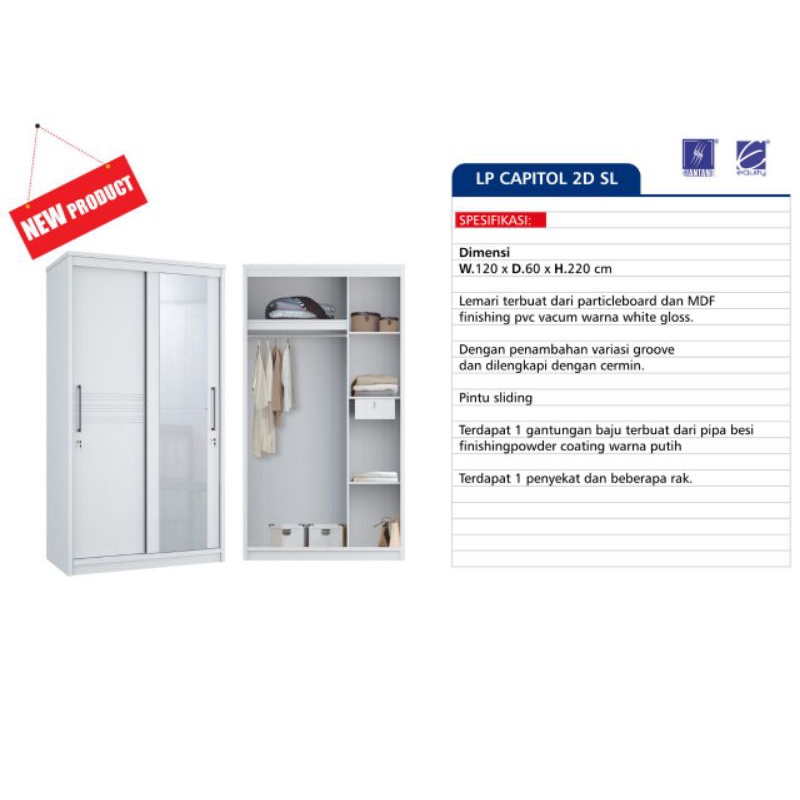 SIANTANO LP CAPITOL 2D SL Lemari Pakaian Minimalis Sliding Door (khusus wilayah palembang)