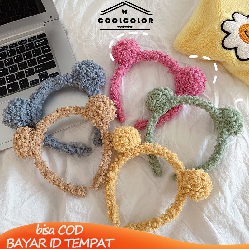 COD❤️Rambut Kartun Mewah Band Wanita Telinga Beruang Kecil yang Lucu Cuci Wajah Domba Wol Semua Cocok dengan Pita Rambut- cl