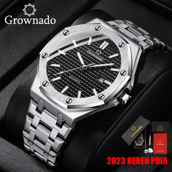 Jam Tangan Pria Grownado  Tahan Air Bezel Logam Berat Jam Tangan Original Keren Fashion Watch Quartz Bisnis Kalender Stainless