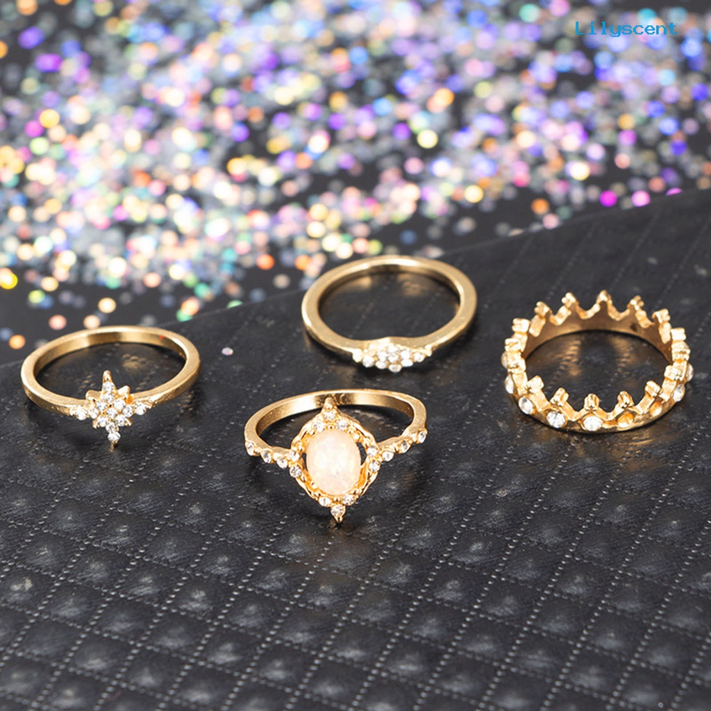 [LS]13Pcs /Set Cincin Fashion Bersinar Berlian Imitasi Mahkota Bulan Bintang Knuckle Ring Untuk Pesta