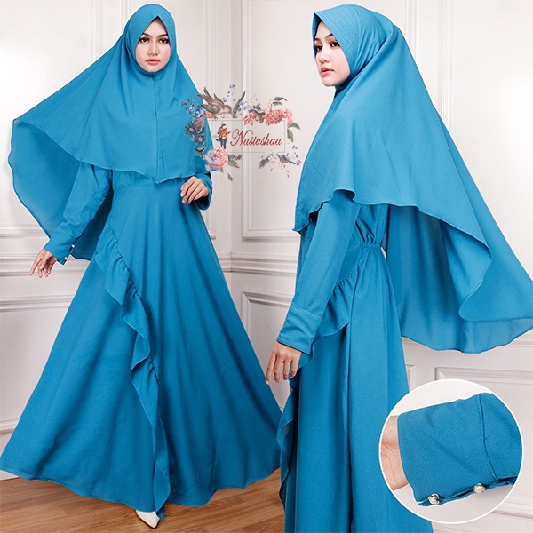 Gamis Modern Rempel Depan Set Khimar - Dress Pesta Syar'i Kekinian Model Payung - Set Gamis Syari Bergo Peach Diamond Polos Lengan Kancing