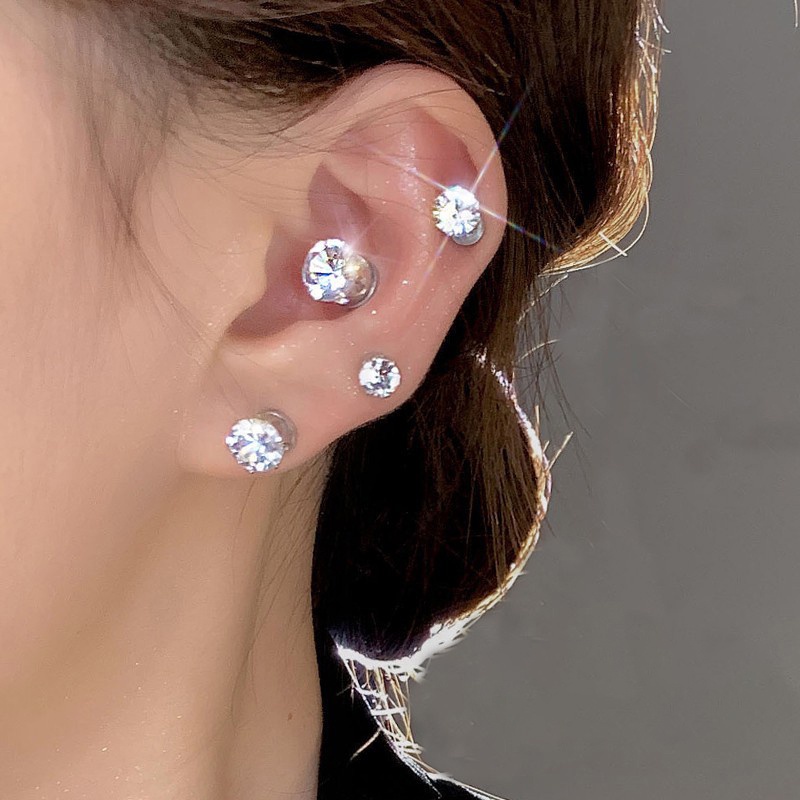 AY(CN) Anting Kristal Zirkon Magnetik Anting Non Piercing Silver Stud Earring Wanita Perhiasan Aksesoris Mudah Dipakai Klip Telinga