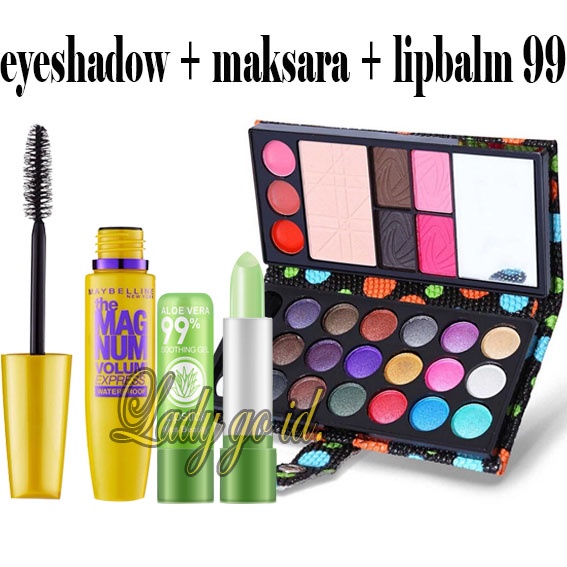 Paket Make Up Eyeshadow Dompet Multi Warna + Lipstik Aloe Vera 99% + Makara Magnum