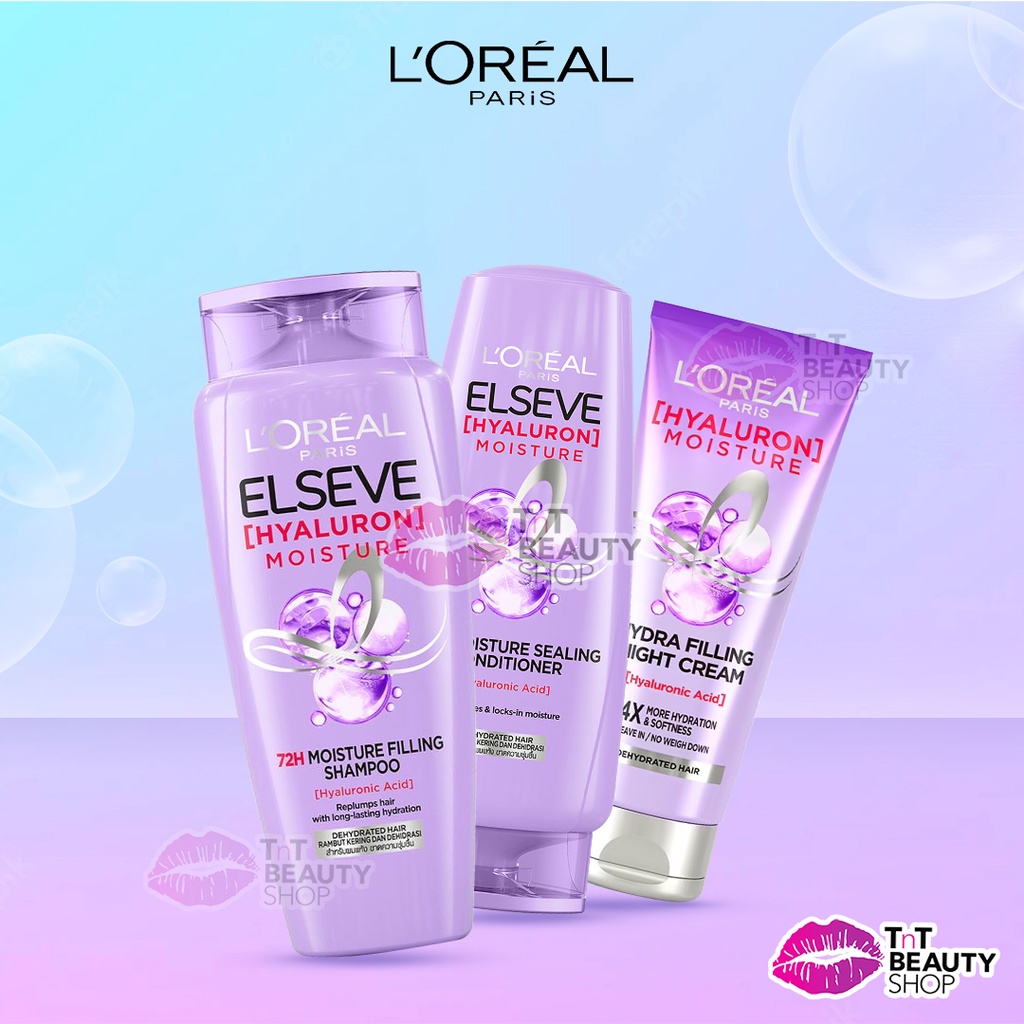 L’Oréal Paris ELSEVE Hyaluron Moisture Shampoo - Conditioner 280 ml - Hydra Filling Night Cream 150 ml (Hyaluronic Acid 72 Jam Mengunci Hidrasi Rambut) | LOREAL - TnT Beauty Shop