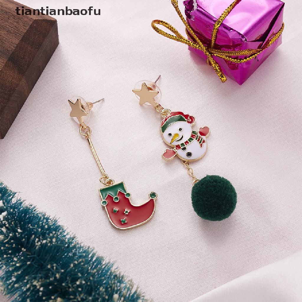 [tiantianbaofu] 1pasang Fashion Natal Stud Earrings Desain Baru Asimetris Anting-Anting Pohon Xmas Beruang Coklat Snowman Santa Claus Menjuntai Anting-Anting Perhiasan Butik