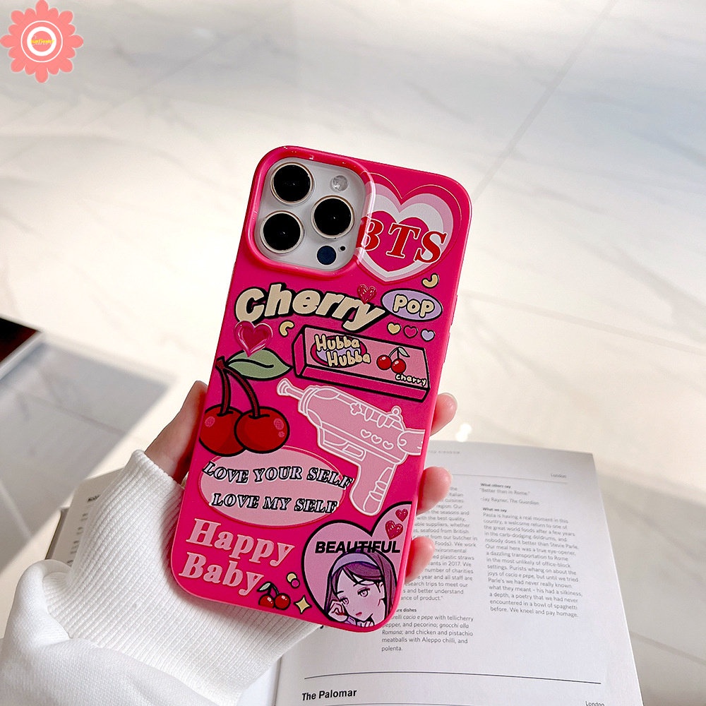 Case Compatible for IPhone 14 11 13 12 Pro Max XR 7 8 Plus X XS Max SE 2020 Candy Glossy Shockproof Protection Camera Ros Red Cartoon Label Cherry Soft Tpu Silicon Back Cover