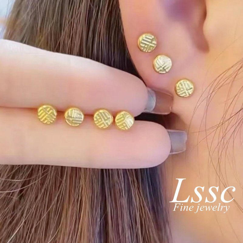 Anting Tusuk Titanium Anti Karat 'Fu' Keberuntungan Emas 18K Perhiasan Aksesoris Wanita Fashion