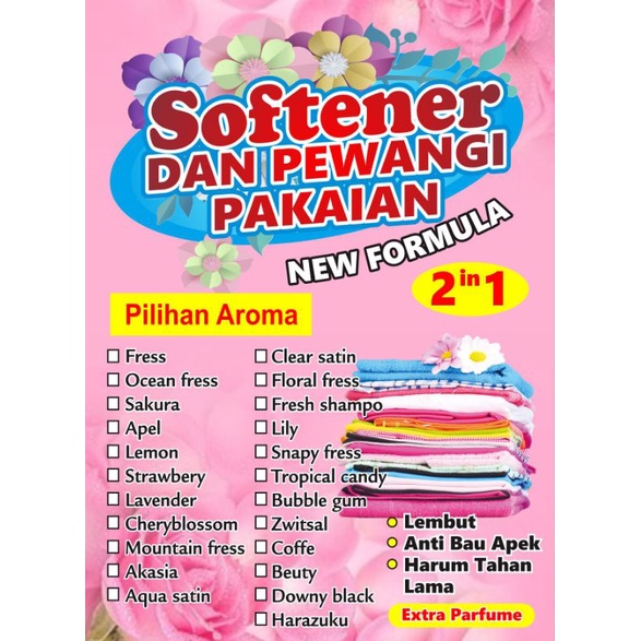 Softener / Pelembut  dan Pewangi Pakaian aneka aroma wangi segar kemasan jurigen 1 liter