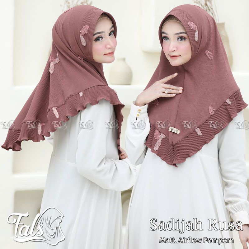 (Ori Fals) SADIJAH RUSA •jilbab instan airflow pom pom•kerudung pet plisket rempel