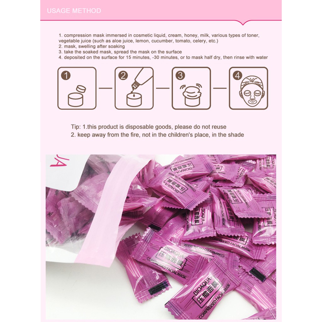 1 Pack 50 Pcs Bioaqua Compressed Facial Mask