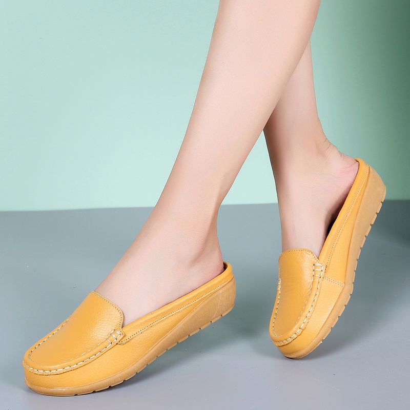 Musim Panas Korea Kulit Asli Sepatu Wanita Casual Slip On Murah Selop Flat Shoes Kekinian Ringan Cewek Slop Cantik 230