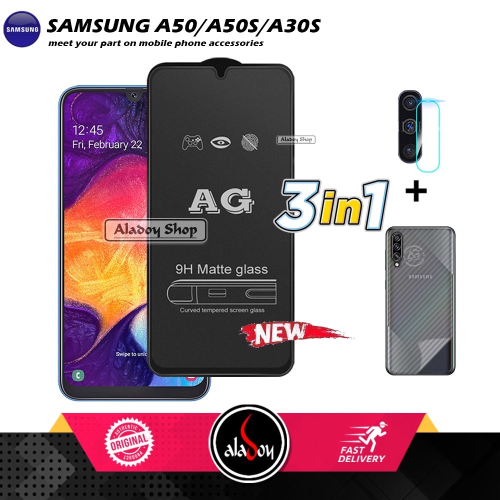 Paket 3IN1 Tempered Glass Layar Matte Anti Glare Samsung A30S/A50/A50S Free Tempered Glass Camera dan Skin Carbon