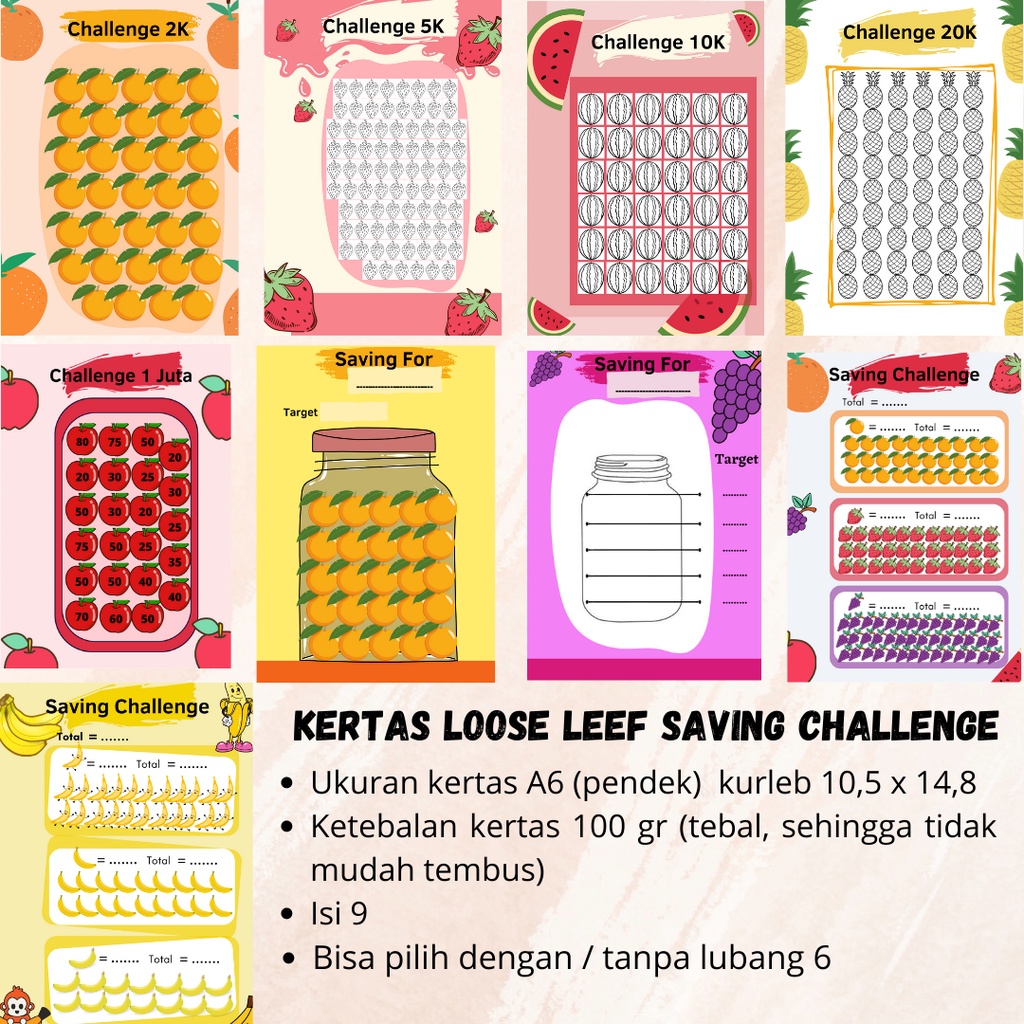 

(Isi 9) Kertas Saving Challenge / Kertas Binder Tantangan Menabung Ukuran A6 (Pendek) Ketebalan 100 gr