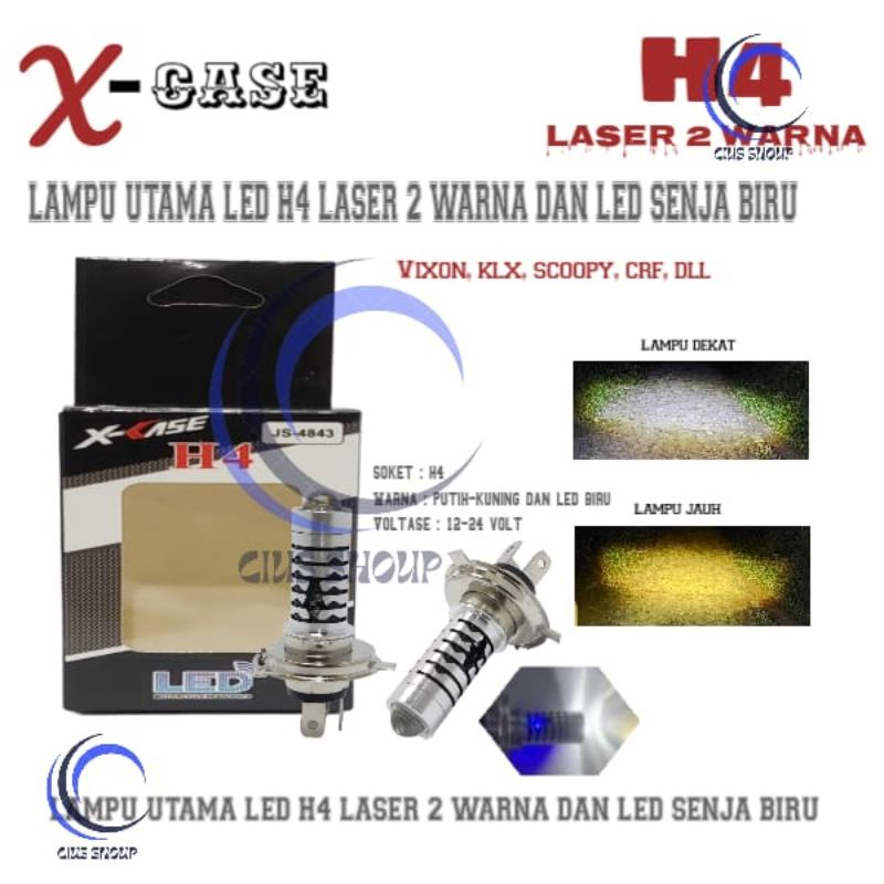LAMPU LED DEPAN MOTOR H6/H4 LASER HI LOW AC DC 2WARNA PUTIH KUNING + LAMPU SENJA BIRU  UNTUK MOTOR BEBEK