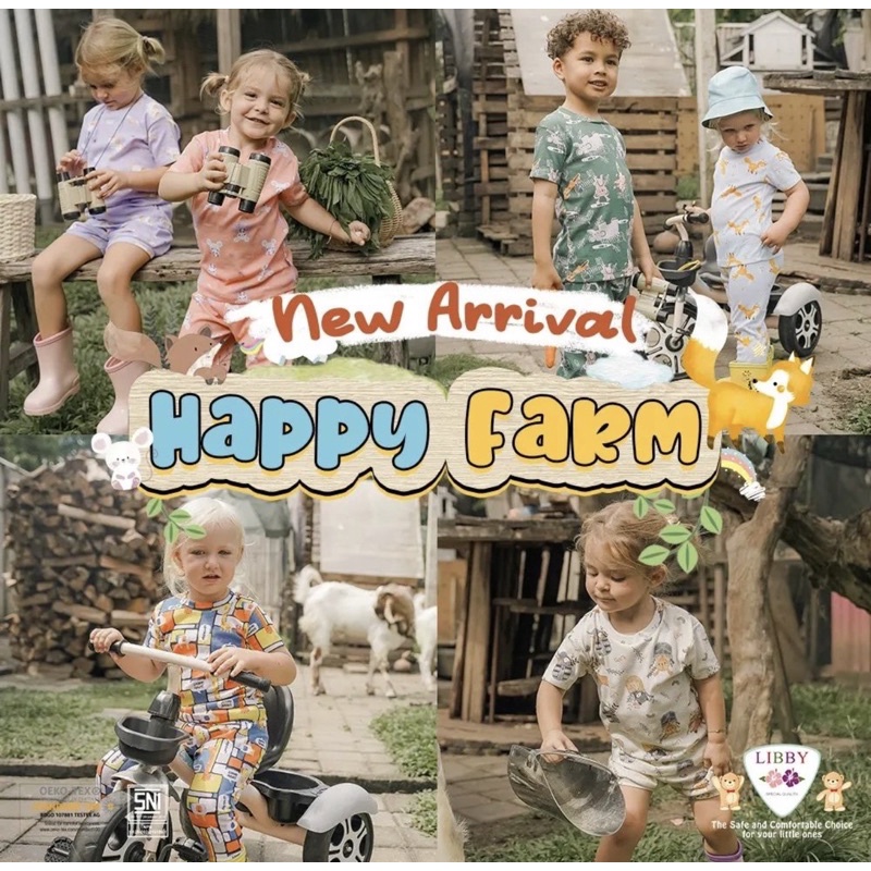 Libby Baby Setelan Oblong Cotton Rib Tipis Pendek Celana Panjang Boy &amp; Girl - Libby Series Motif HAPPY FARM - LIBBY BAJU ANAK MURAH