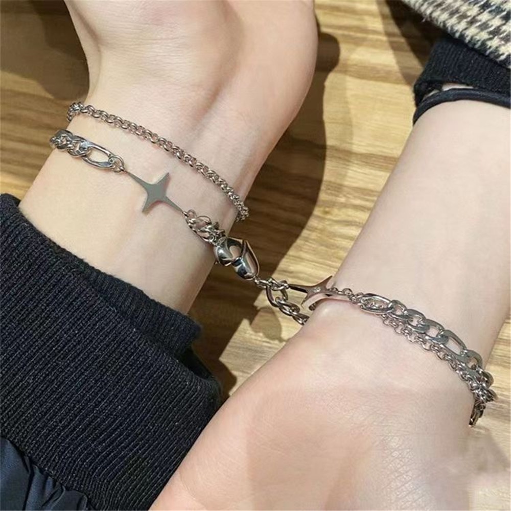 2 Pcs Sillver Heart Cross Couple Gelang Magnetik Double-layer Rantai Perhiasan Hadiah Hari Valentine