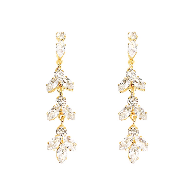 Anting Perak925An Perak Jarum Zirkon Daun Panjang Anting Fashion Wanita Stud Earrings