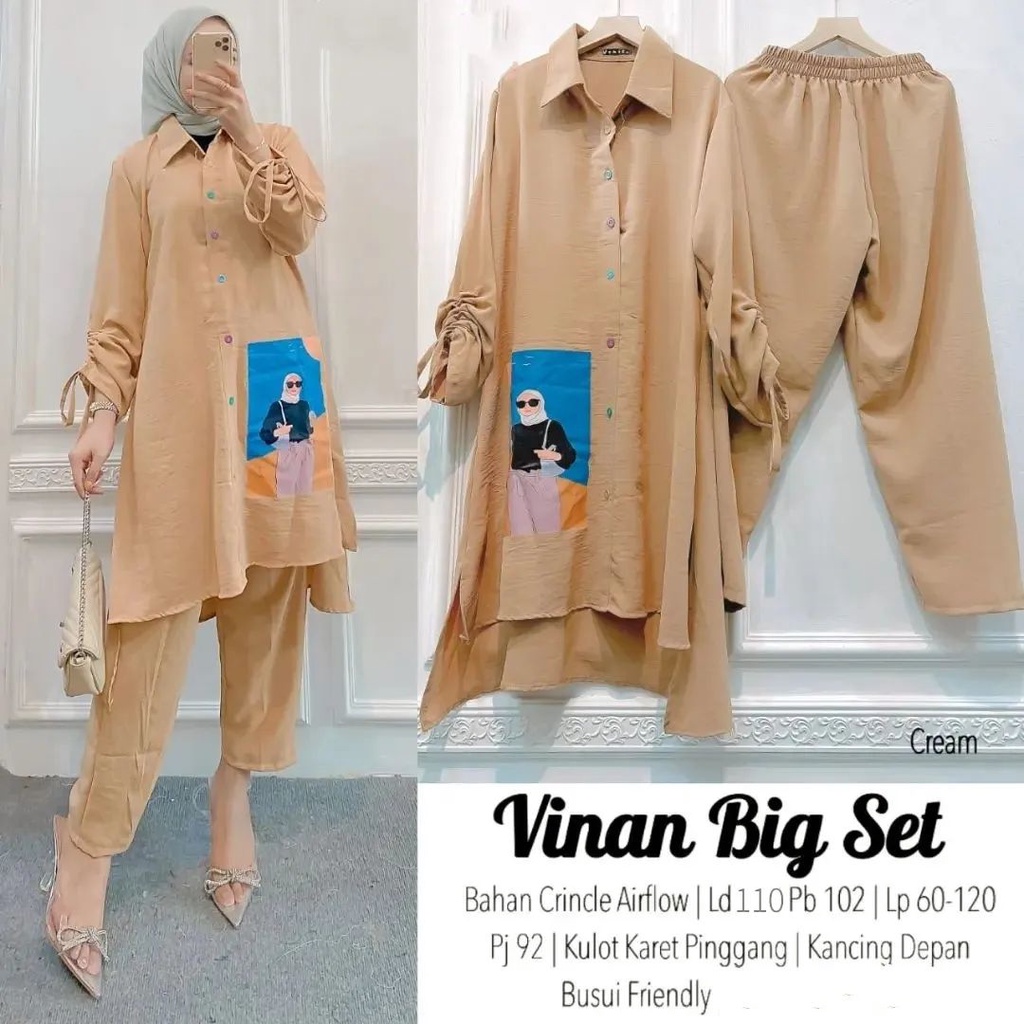 One Set Kemeja Lengan Kerut Sablon Kekinian Plus Celana Model Viral Kekinian / Daily Hijab Simple / Outfit Gaya Korea One Set Setelan Wanita Korean Style Baju Wanita ala Selebgram Paket Ootd Hemat Fashionable / Vinan big set