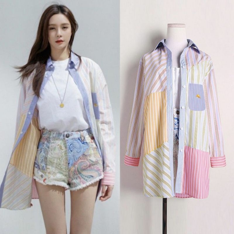 MDLV ~ 2480# Astella Patchwork Striped Shirt Kemeja Salur Import