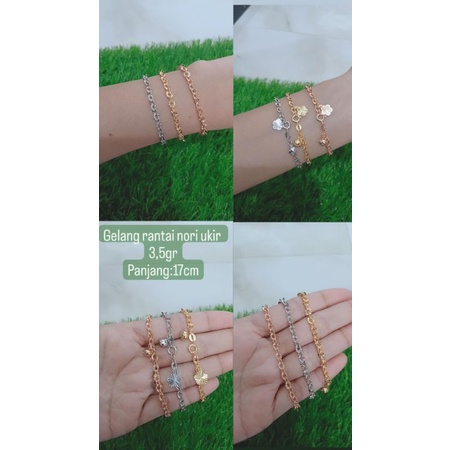 Gelang rantai nori ukir + 1 bel + 1 bunga ukir / gelang perak asli silver 925 lapis emas/ gelang fashion wanita terbaru