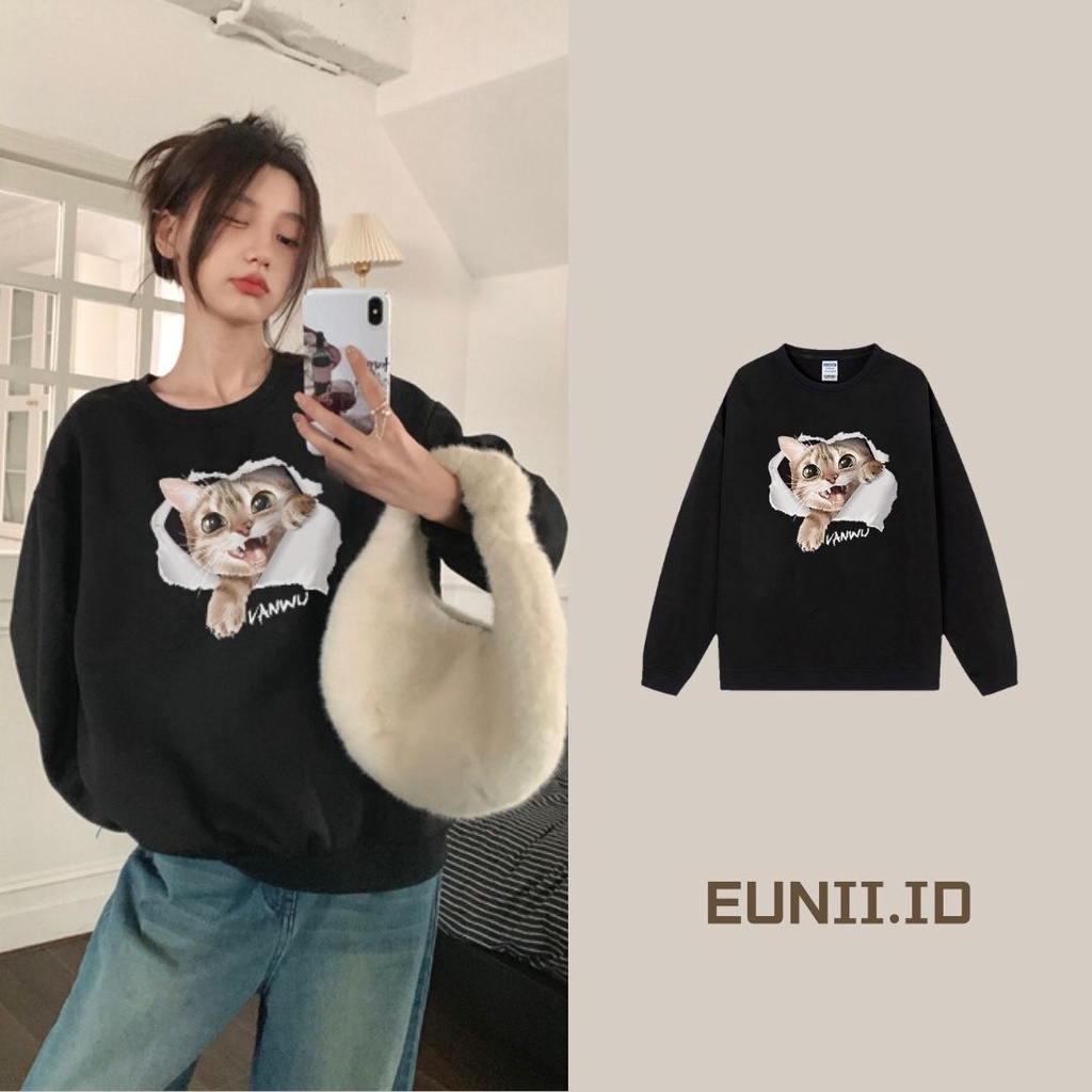 EUNII Sweater Lengan Panjang Cartoon Torn Cat Korean Style/Hoodie Oversize/Baju Wanita/Switer Wanita