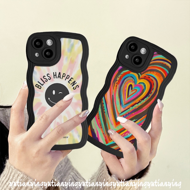 IPHONE Casing Ponsel Smiley Lucu Kompatibel Untuk Iphone11 12 14 13 Pro Max 6 6s 7 8 Plus XR 14 Plus X XS Max SE 2020 Ins Gradasi Warna-Warni Cinta Hati Pelangi Bergelombang Tepi Lembut TPU Cover